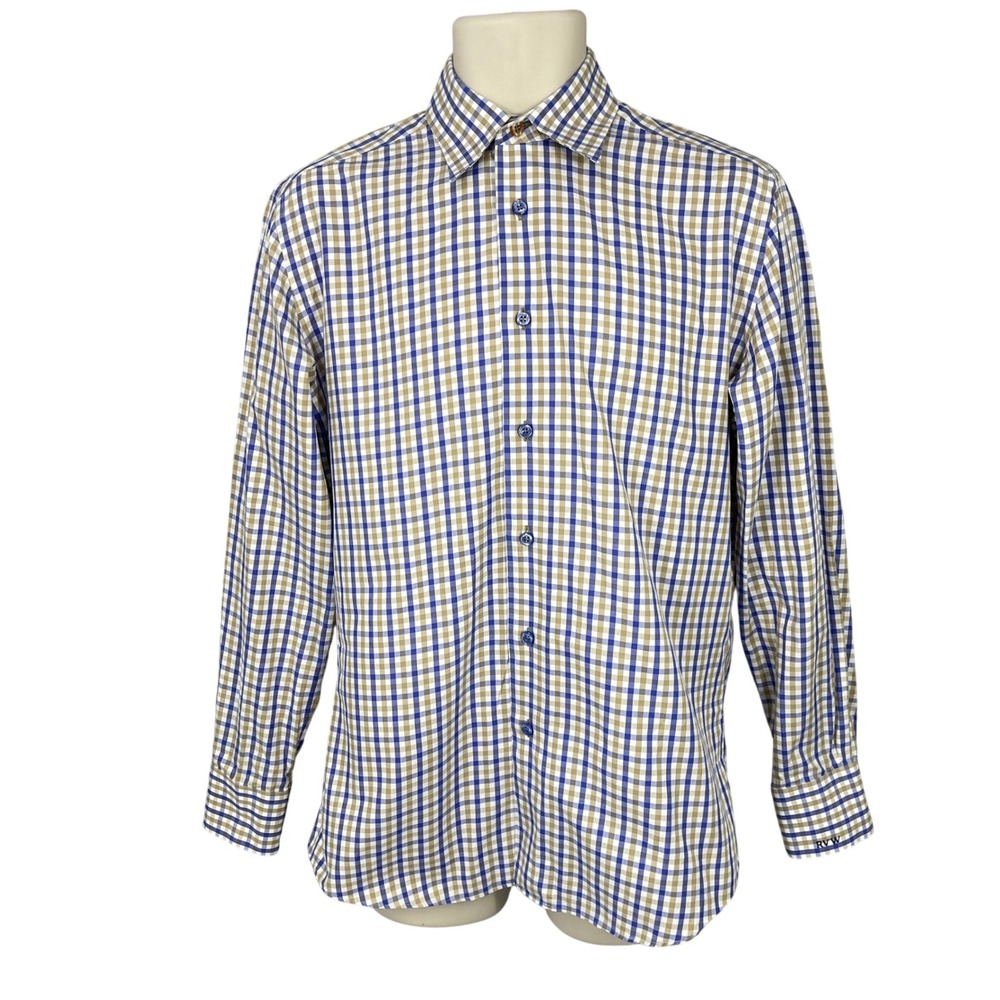 Button Down Shirt Men Gingham Plaid Career Preppy Long Sleeve RVW Logo Size 17.5